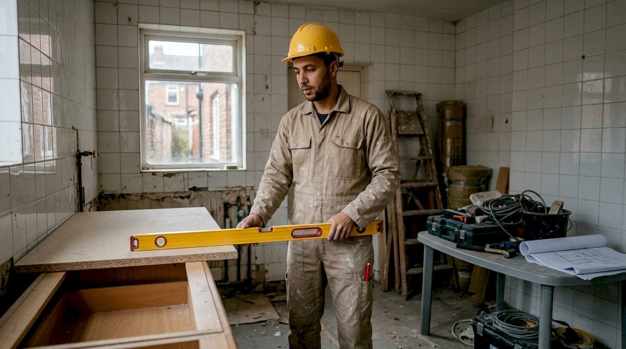 Un artisan prend les mesures des murs en vue de rénover un appartement