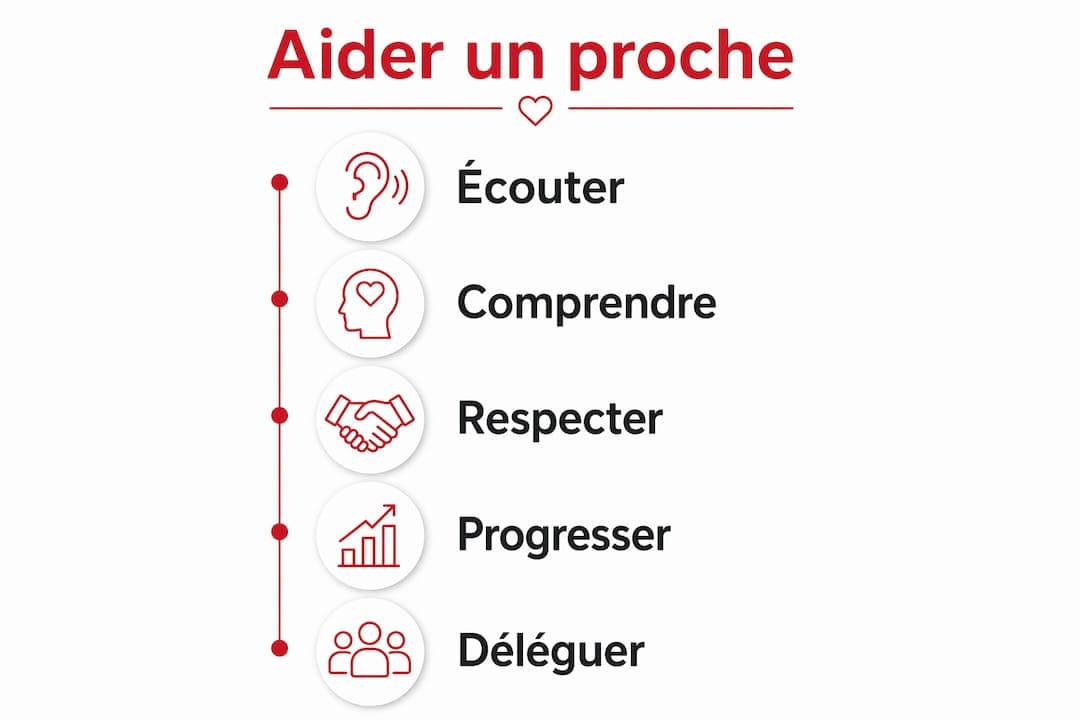 Infographie présentant les étapes pour accompagner un proche atteint du syndrome de Diogène
