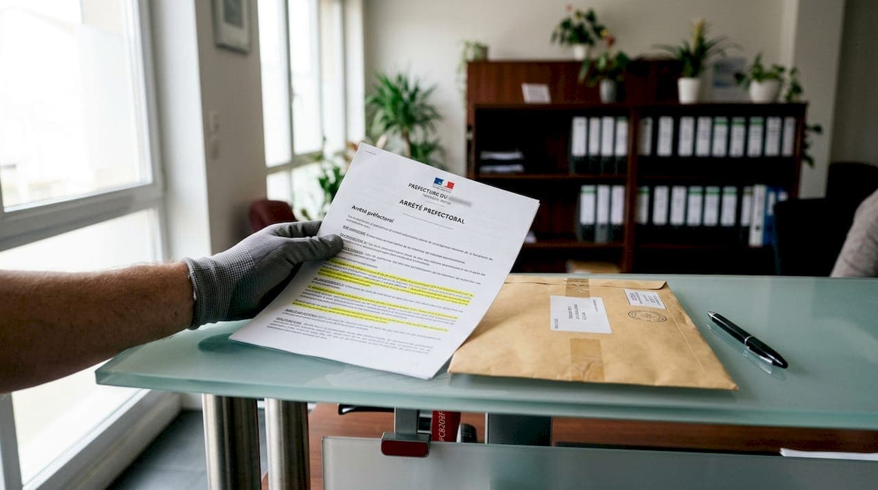 Document officiel et équipement de sécurité posés sur un bureau
