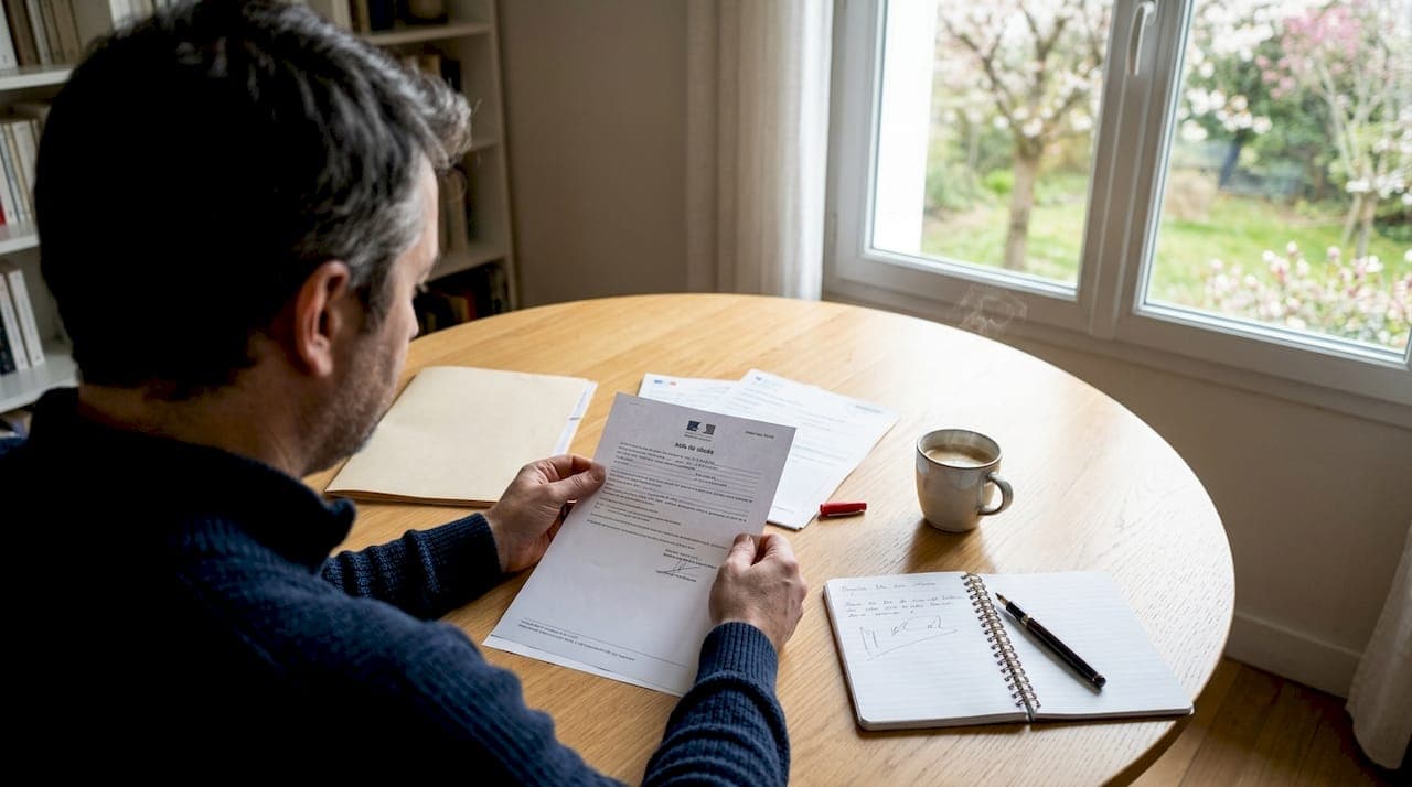 Mains posant un acte de décès sur un bureau, parmi les documents de succession