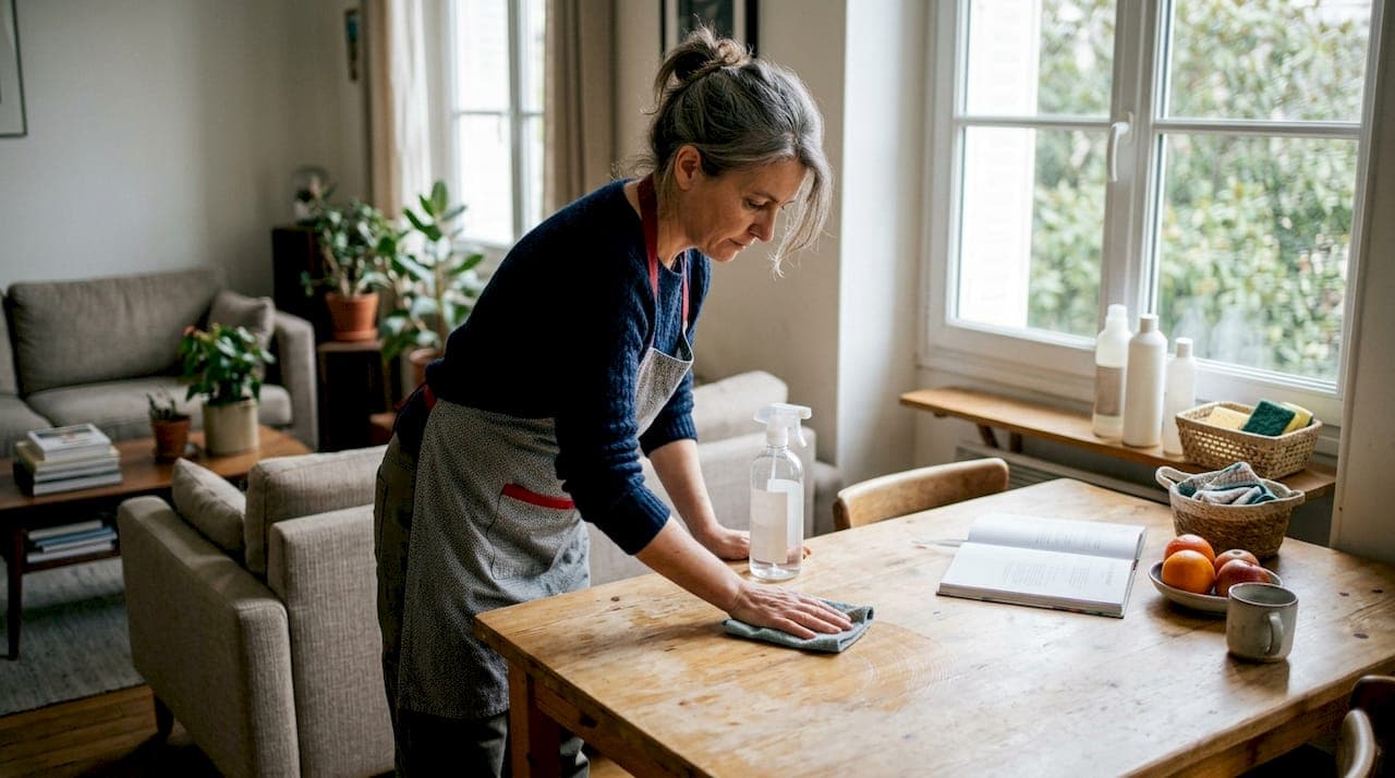 Femme désinfectant le plan de travail de sa cuisine avec un produit adapté