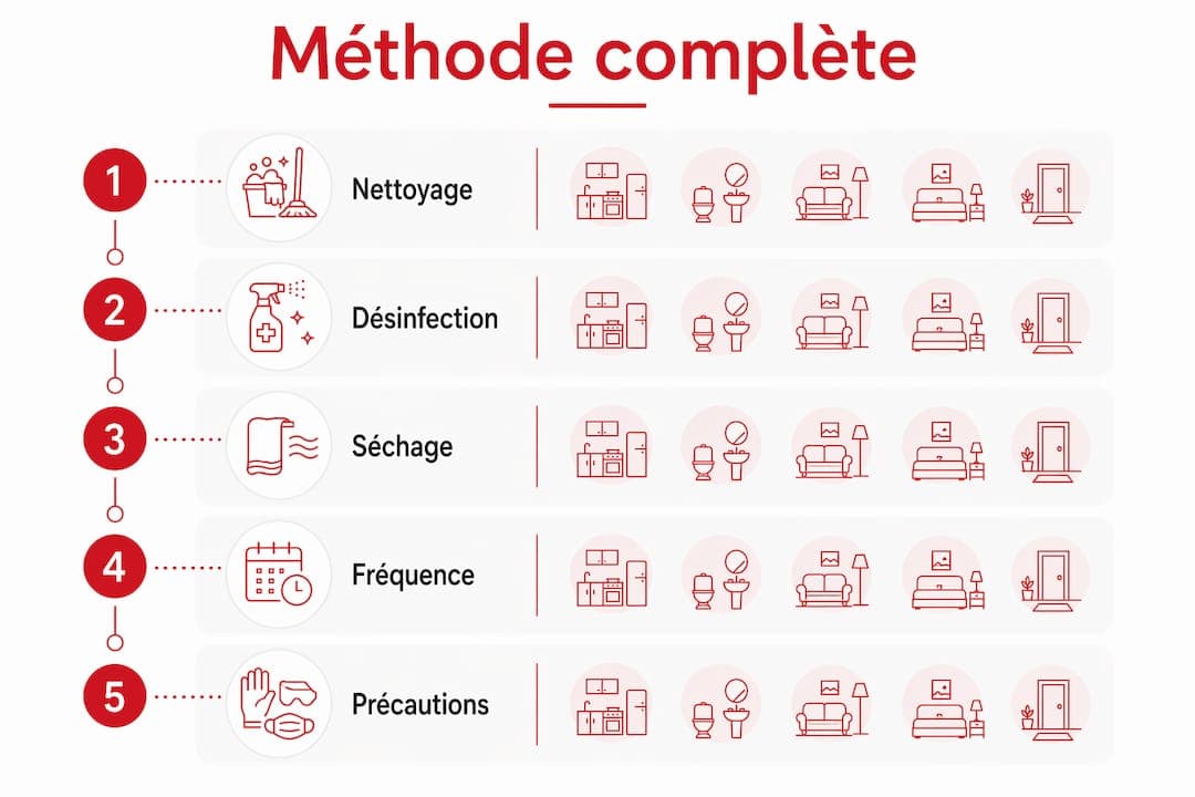 Infographie présentant les étapes clés d'une désinfection efficace