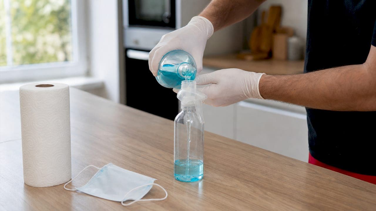 Mains remplissant un flacon pulvérisateur avec de l'eau de Javel diluée