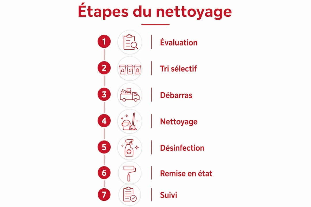 Infographie présentant les étapes principales d'un nettoyage de logement touché par le syndrome de Diogène