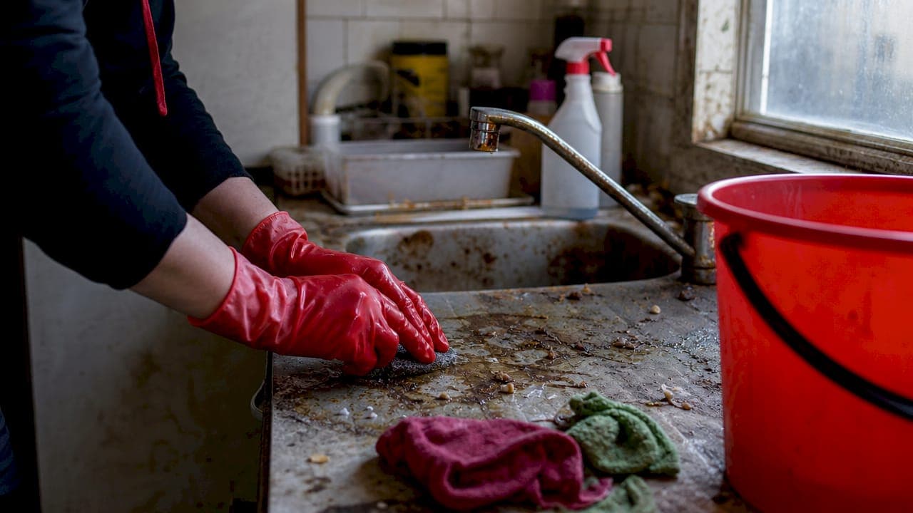 Nettoyage en cours d'une cuisine dans un état d'insalubrité extrême