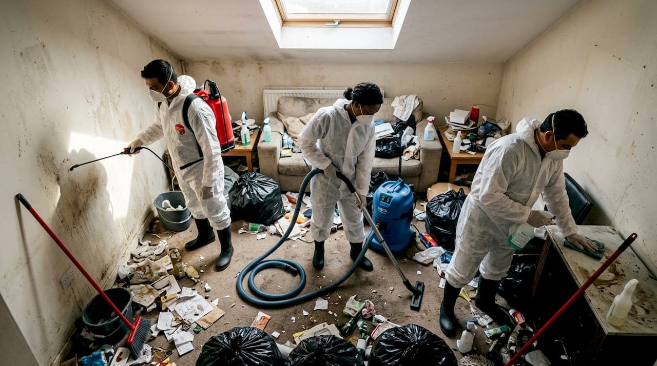 Équipe en combinaison de protection nettoyant en profondeur un logement insalubre