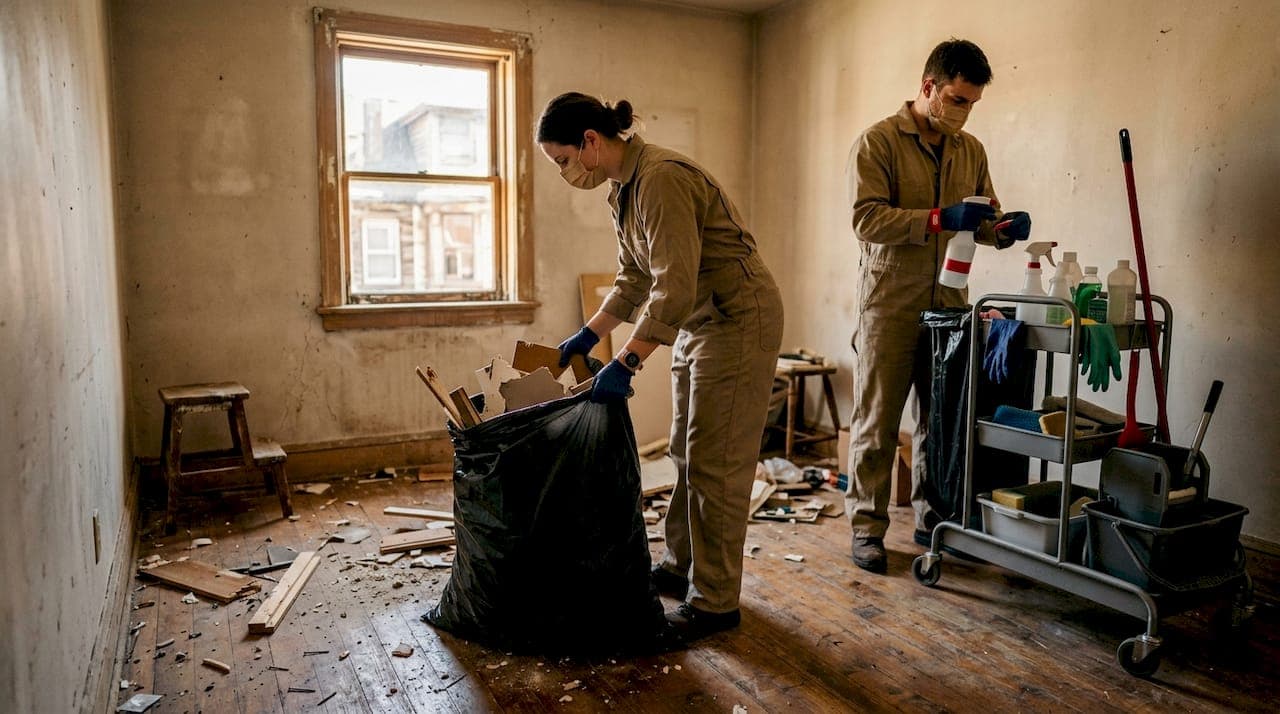 Équipe de professionnels intervenant en tenue de protection dans un logement insalubre