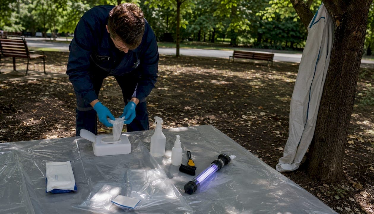 Technicien manipulant du matériel de décontamination avec des gants de protection