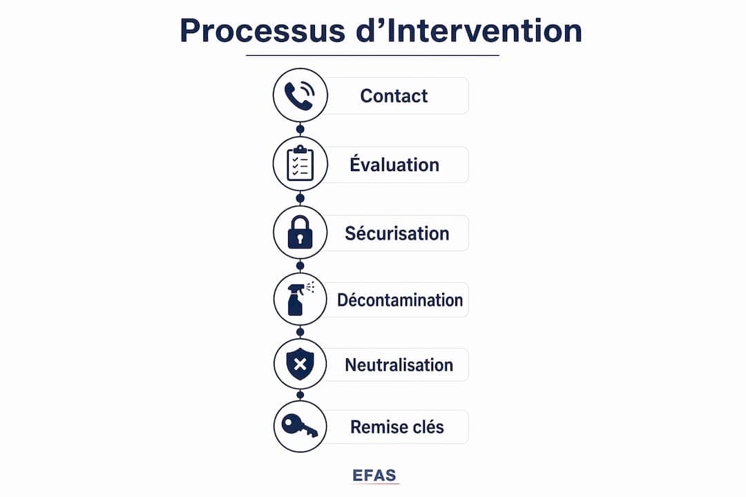 Infographie présentant les étapes d'une intervention de nettoyage après un suicide