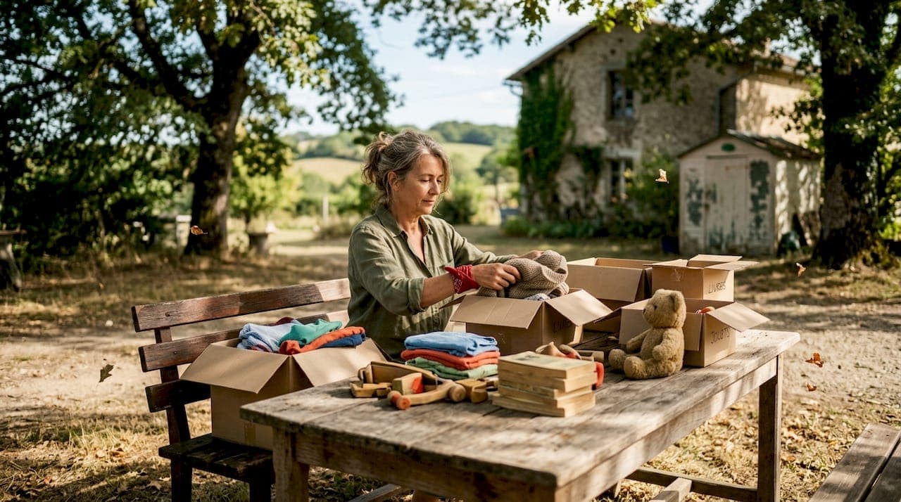Femme triant ses affaires et préparant des cartons dans une maison