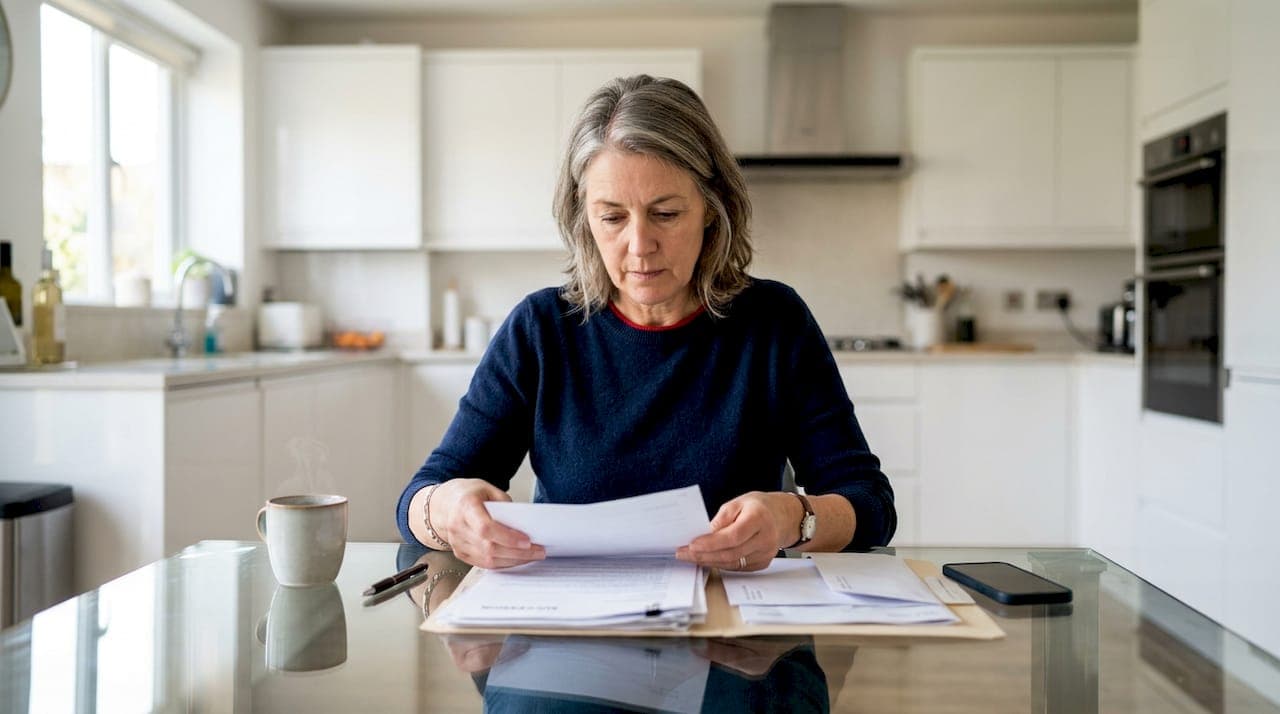 Femme triant les documents d'une succession dans le salon d'une maison familiale