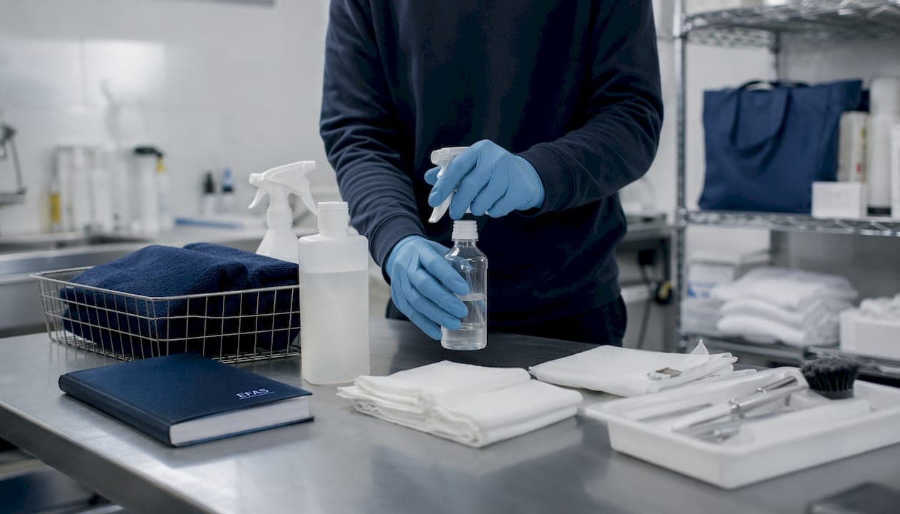 Mains protégées par des gants préparant le matériel de désinfection
