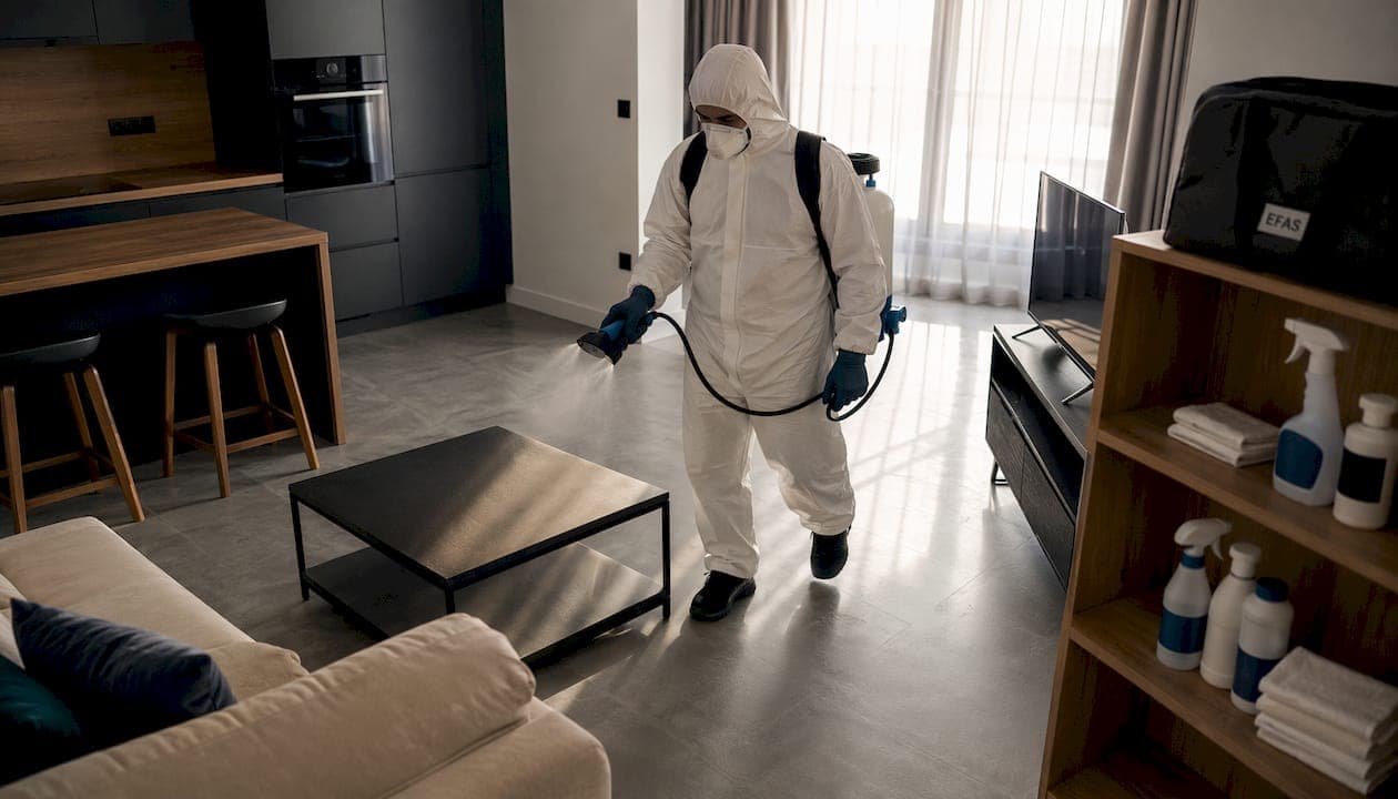 Technicien désinfectant un appartement en tenue de protection