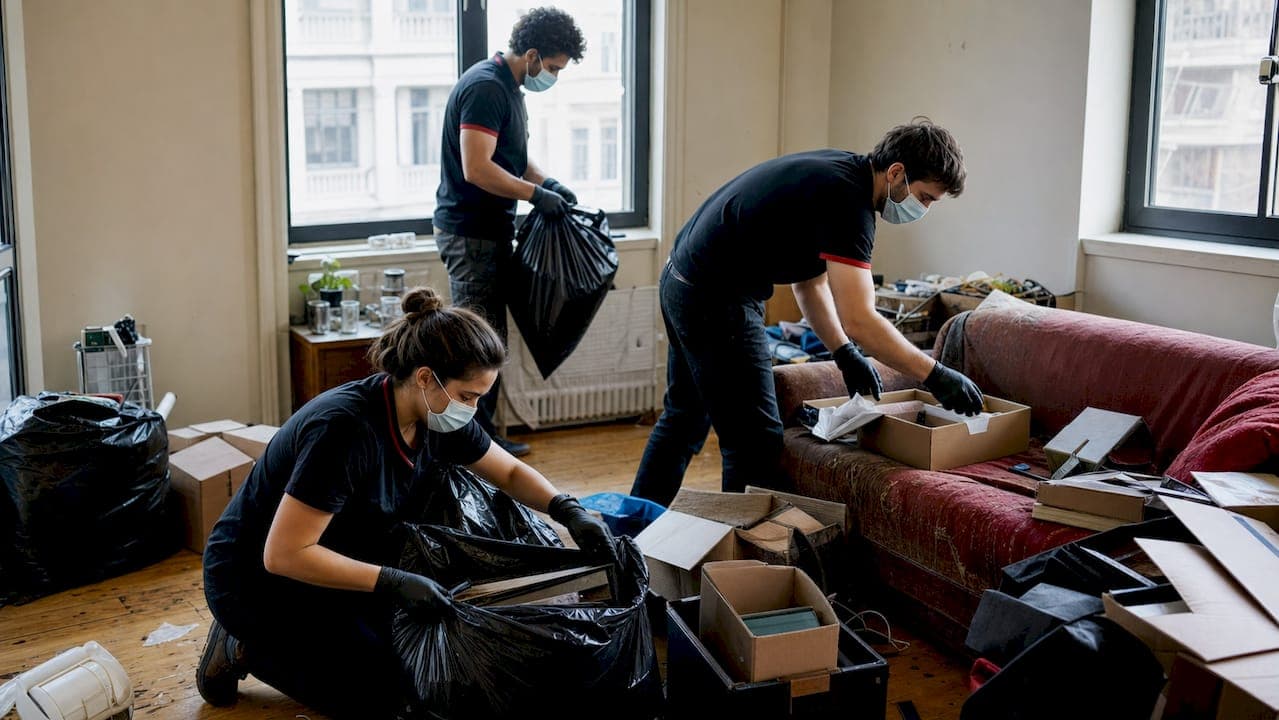 Équipe professionnelle nettoyant un logement fortement encombré par le syndrome de Diogène