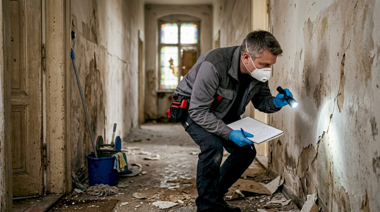 Professionnel en tenue de protection inspectant un logement insalubre
