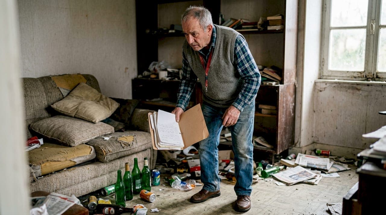 Homme inspectant une maison très dégradée et encombrée