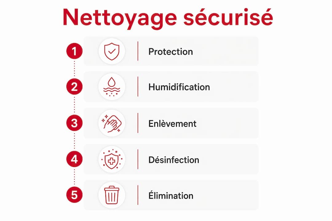 Infographie : étapes du nettoyage des fientes de pigeons en sécurité