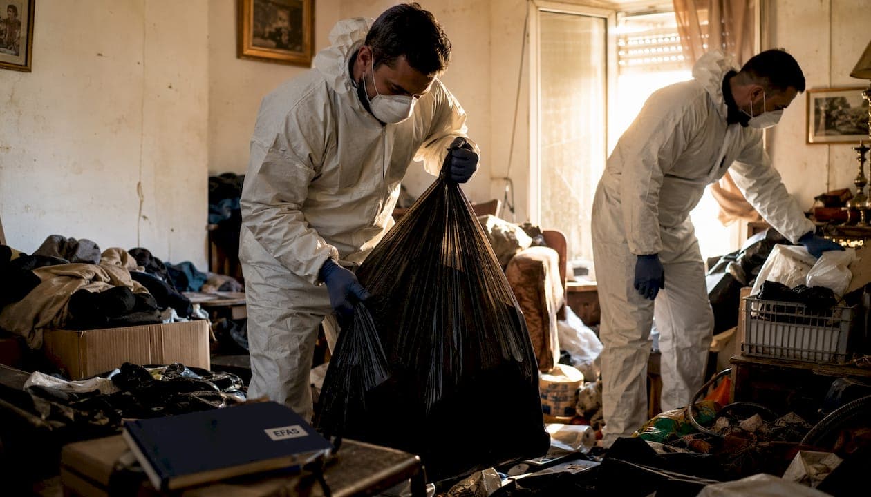 Techniciens remettant en état un logement insalubre, sacs de déchets à évacuer